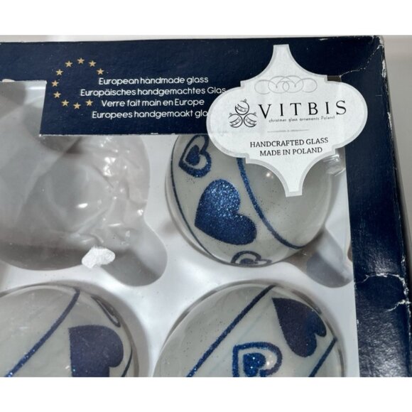11 Vitbis Christmas Glass Ornaments Blue And White Glitter Heart Pattern - Picture 4 of 6
